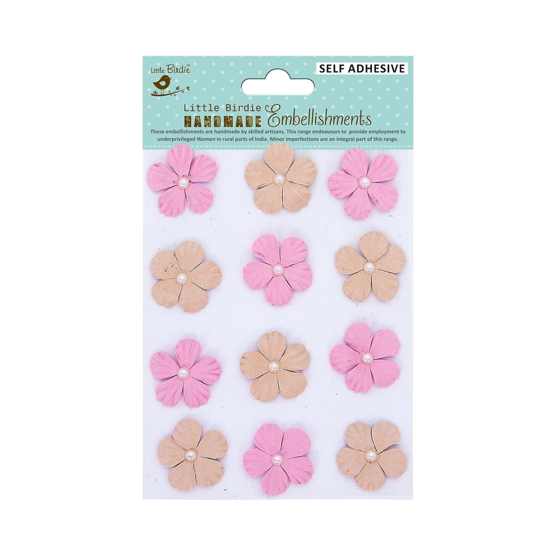 Handmade Embossed Pearl Petal Flowers Pink 12Pc